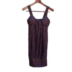 Vtg 90s Mini Dress Accordion Crinkle Pleat Empire Knot Flapper‎ Chocolate Sz M